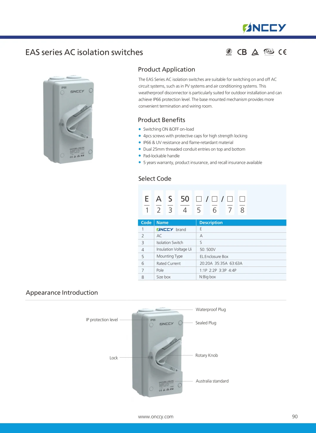 High Quality 1p/2p/3p/4p 20A/35A/63A IP66waterproof AC Isolator Switch for PV